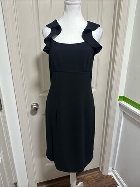 Sugar Black Midi Dress with Ruffle Shoulder Detail